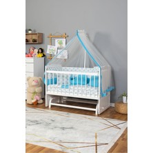 Ahşap Beşik Anne Yanı Beşik Beyaz) 60X120 - Mavi Balina Uyku Seti Yatak