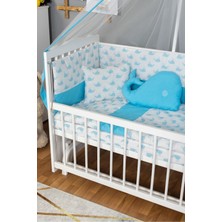 Ahşap Beşik Anne Yanı Beşik Beyaz) 60X120 - Mavi Balina Uyku Seti Yatak