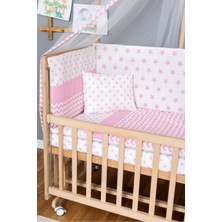 Ahşap Beşik Anne Yanı Beşik Organik 70X130 - Pembe Yıldız 1 Yastıklı Uyku Seti + Yataklı+Tekerlekli