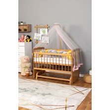 Bamgidoo Ahşap Beşik Anne Yanı Beşik Vernikli 60X120 - Pembe Sarı Örgü Uyku Seti Seti + Yatak