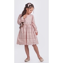 Kız Çocuk Uzun Kollu Kolları Lastikli Beli İkili Kurdele Sutaşı Detaylı  Elbise ELB.Y2685