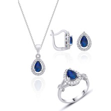 Silvera Telkari Gümüş Rodyumlu Safir Taşlı Damla Model Gümüş Üçlü Set ST150