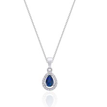 Silvera Telkari Gümüş Rodyumlu Safir Taşlı Damla Model Gümüş Üçlü Set ST150