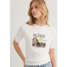 Mavi Rome Baskılı Beyaz Tişört 1613058-70057