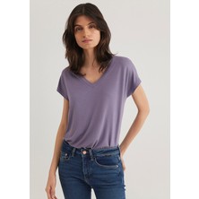 Mavi V Yaka Mor Basic Viskoz Tişört Kadın Regular Fit Kısa Kol 167714-70608
