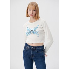 Mavi Baskılı Beyaz Tişört 1612035-70057