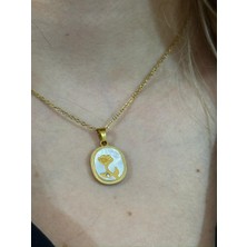 Bazar Store Altın Kaplama Mermer Üzerine Gül Motifli Kadın Kolye