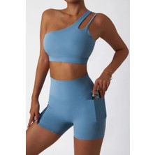 Nita Kadın Bebe Mavisi Omuz ve Sırt Detaylı Askılı Desteksiz Push Up Cepli Tayt Takım Yoga /spor /plates