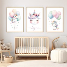 Çocuk Kalbi Atölyesi Unicorn Temalı Bebek ve Çocuk Odası 3'lü Tablo Isim Seti
