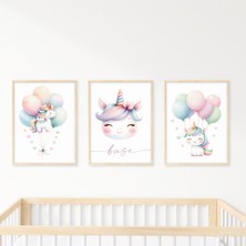 Çocuk Kalbi Atölyesi Unicorn Temalı Bebek ve Çocuk Odası 3'lü Tablo Isim Seti