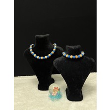 Kids Face Özel Tasarım Ahşap Boncuk-Mavi Boncuk Anne-Çocuk Kombini Kolye Takımı.2 Adettir