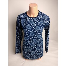 Yaşar Triko Kadın Lacivert Desenli Bisiklet Yaka Uzun Kollu Yanları Yırtmaçlı Mevsimlik Süet Anne Penye Tişört Bluz