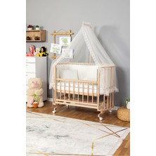 Ahşap Beşik Anne Yanı Beşik Organik (Boyasız) 60X120 - Krem Güpür Uyku Seti Yatak Tekerlekli