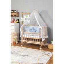 Ahşap Beşik Anne Yanı Beşik Organik (Boyasız) 60X120 - Mavi Yıldız Uyku Seti Yatak Tekerlekli