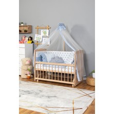 Ahşap Beşik Anne Yanı Beşik Organik(Boyasız) 60X120-MAVI Yıldız 3 Yastık Uyku Seti + Yatak