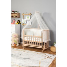 Ahşap Beşik Anne Yanı Beşik Organik (Boyasız) 60X120 - Krem Güpür Uyku Seti Yatak