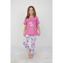 Bunny Hopp Kız Çocuk  Pamuk Yazlık Kısa Kollu Pijama Takımı - Pembe Flamingo Desenli