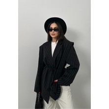 Msm Fashion Kadın Oversize Blazer Ceket Çizgili Kuşaklı Omuz Detaylı
