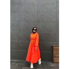 Nous Oranj Kuşaklı Basıc Elbise