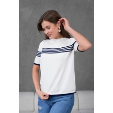 Irmak Kerekli Kadın Bisiklet Yaka Kısa Kol Çizgili Triko Bluz 25111