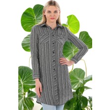 New Laviva Kadın Siyah Uzun Kol Çift Cepli Çizgili Gömlek Elbise - Tesettüre Uygun