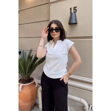 New Laviva Beyaz Polo Yaka, Kısa Kol, Fitilli Kaşkorşe Kumaş, Basic Kalıp/kesim, Spor ve Günlük Bluz & T-Shirt