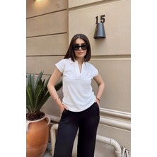 New Laviva Beyaz Polo Yaka, Kısa Kol, Fitilli Kaşkorşe Kumaş, Basic Kalıp/kesim, Spor ve Günlük Bluz & T-Shirt