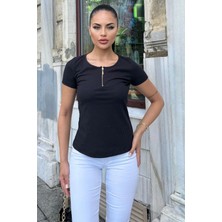 New Laviva Kadın Siyah Kısa Kol, Fermuar Yaka Detaylı, Fitilli Terletmez Kumaş, Rahat Bluz, Tshirt
