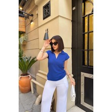 New Laviva Saks Polo Yaka, Kısa Kol, Fitilli Kaşkorşe Kumaş, Basic Kalıp/kesim, Spor ve Günlük Bluz & T-Shirt