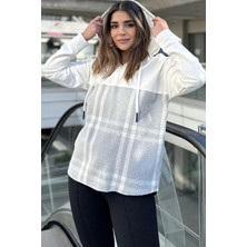 New Laviva Kadın Ekru & Gri Ekose Garnili, Rahat Kesim, Kapüşonlu İki İplik Sweatshirt