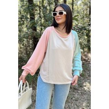 New Laviva Kadın Bej Uzun Balon Kol, Yuvarlak Yaka, Kolları Double Color Block Basic Sweatshirt Bluz