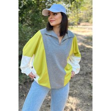 New Laviva Kadın Gri Polo Yaka Uzun Yarasa Kol Lastikli Manşet Asimetrik Color Block Salaş Sweatshirt Bluz