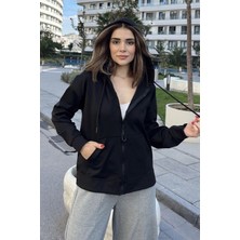 New Laviva Kadın Siyah Uzun Kol Fermuarlı Regular Kesim Kapüşonlu Hoodie Sweatshirt