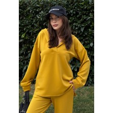 New Laviva Kadın Hardal Scuba Kumaş, Salaş Kesim, Kapüşonlu Sweatshirt Bluz