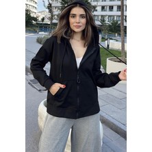 New Laviva Kadın Siyah  Kapüşonlu, Fermuarlı, Cepli, Regular Kesim Sweatshirt