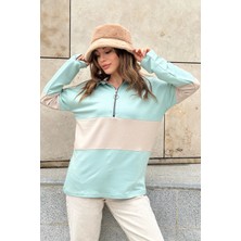 New Laviva Kadın Mint Uzun Kol Dik Yaka Fermuarlı Double Color Block Basic Sweatshirt Bluz