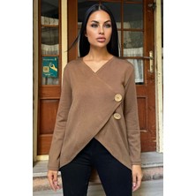 New Laviva Kahve Asimetrik Kesim, Düğmeli, Salaş Hırka Bluz