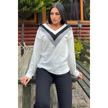 New Laviva Kadın Ekru Uzun Kollu V Yaka Color Block Pamuklu Bluz Sweatshirt
