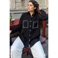 Kadın Siyah Inci Süslemeli, Çift Cep Detaylı, Arkası Pliseli, Terletmez, Kupra Kumaş, Salaş Gömlek