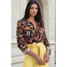 New Laviva Siyah Sarı, Çiçek Desenli, Klasik Gömlek