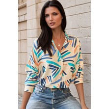 New Laviva Mavi Canlı Soyut Desenli, Regular Kesim Gömlek