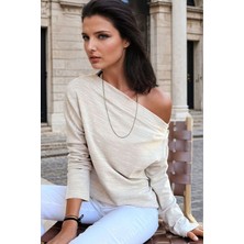 New Laviva Bej Asimetrik Kesim, Uzun Kollu, Düğme Detaylı Bluz