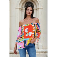 New Laviva Renk Bloklu, Madonna Yaka, Kolları Bağlama Detaylı, Bluz