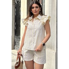 New Laviva Kadın Sarı Kısa Kol, Omuzları Flare Fırfır Tasarımlı, Terletmez, Çizgi Desenli Fisto Gömlek