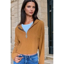 Hardalyarım Fermuarlı, Kapüşonlu, Casual Bluz