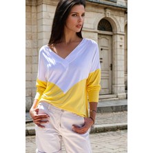 Beyaz Sarı, V Yaka, Renk Bloklu, Rahat Kesimli, Basic Bluz