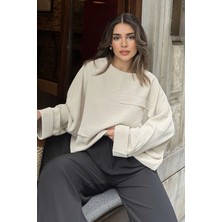 Kadın Bej Duble Geniş Manşet, Yarasa Kol, Süs Cep Detaylı, Salaş Bluz