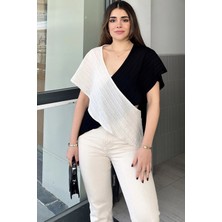 Kadın Ekru & Siyah Iki Renkli, Derin V Yaka, Kolsuz, Çapraz Bloklu, Salaş Bluz
