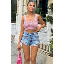 Pembe Ajurlu Kalın Askılı Triko Bluz