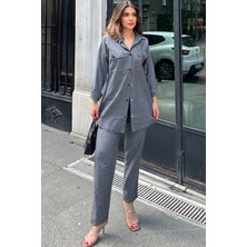 Antrasit Uzun Tunik Gömlek & Beli Lastikikli Rahat Pantolon - Yıkamalı Kot Kumaş Alt Üst Takım